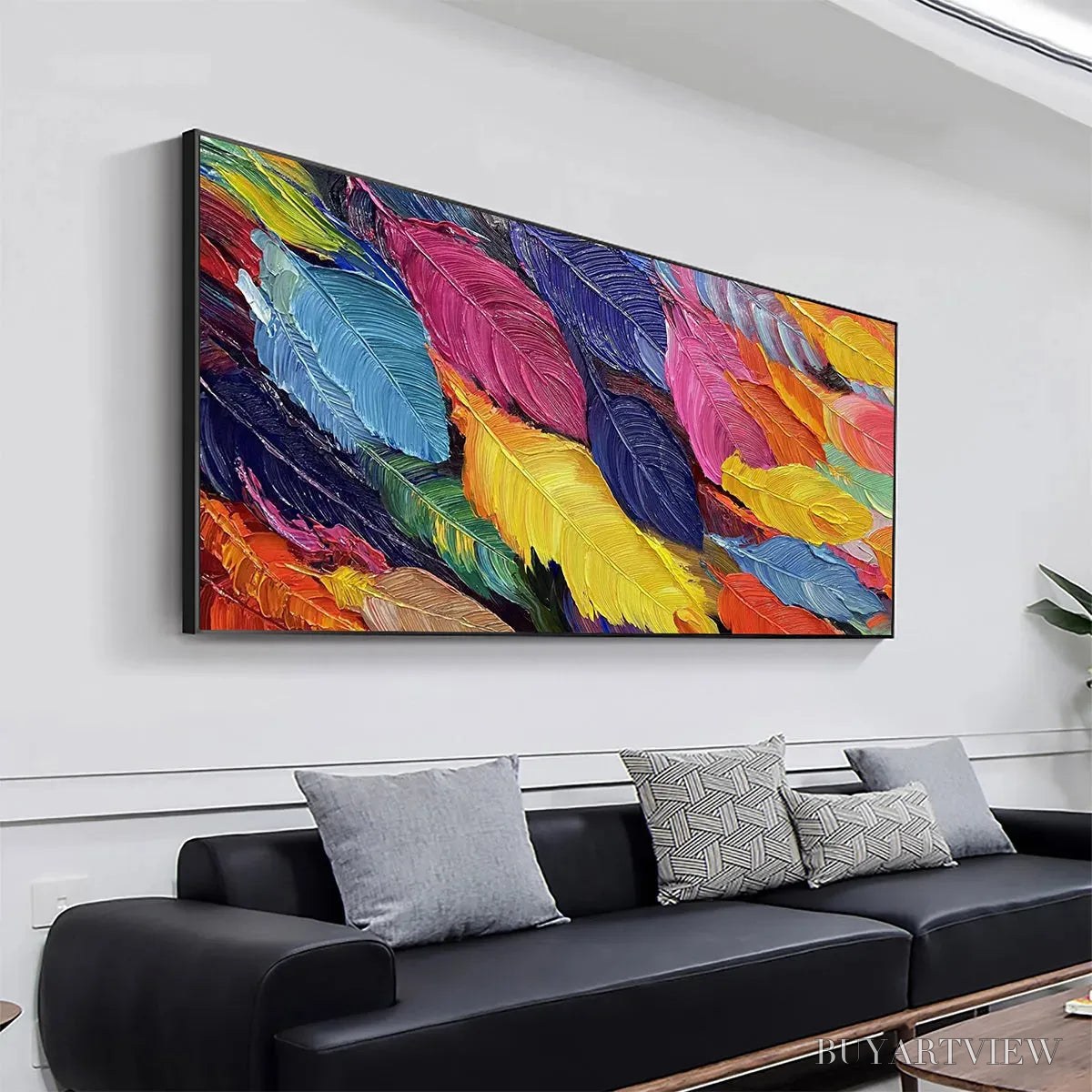 ARTOVITAS Feather Dance – Horizontal Abstract Painting with Colorful Feathers, Textured Impasto, Modern - image 4