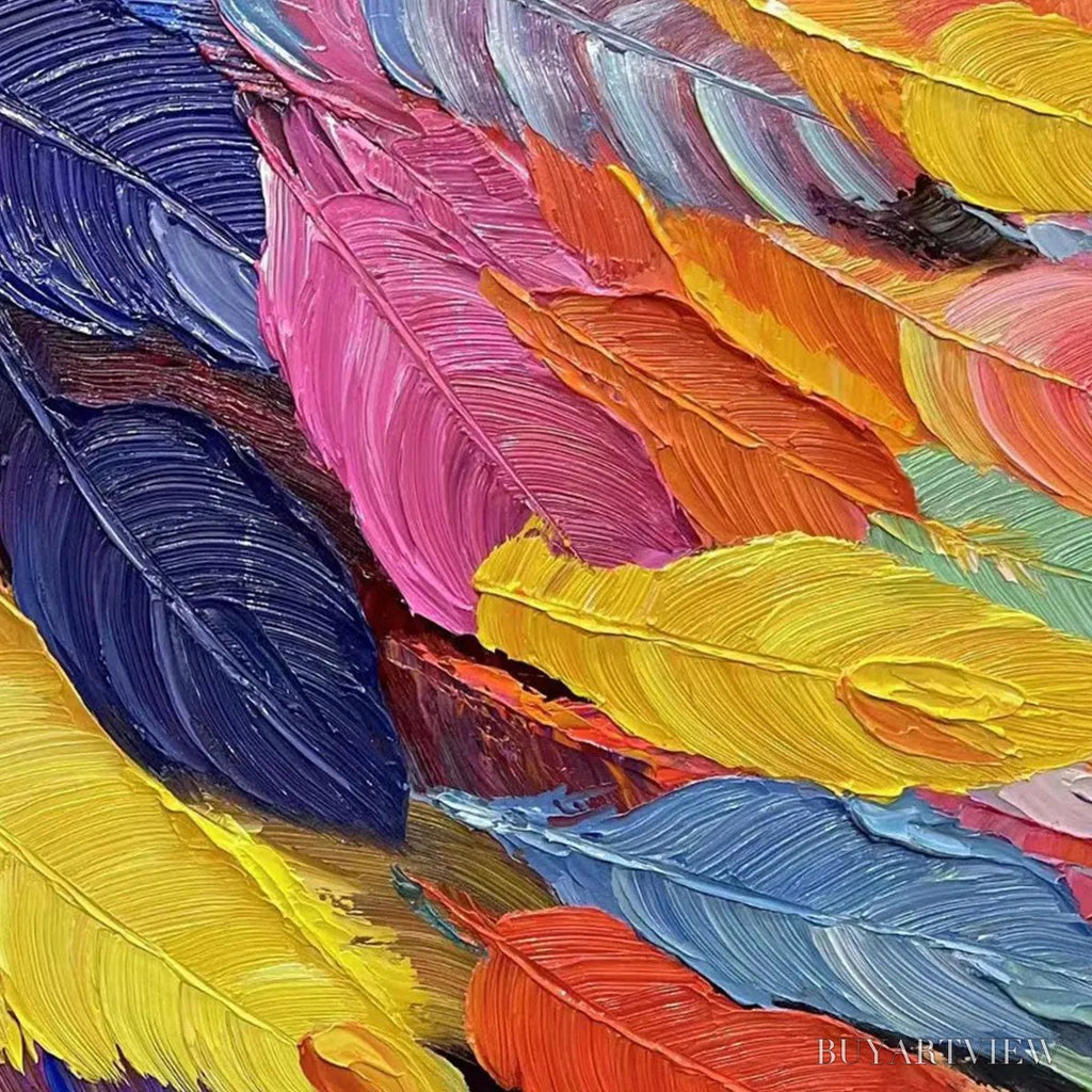 ARTOVITAS Feather Dance – Horizontal Abstract Painting with Colorful Feathers, Textured Impasto, Modern - image 5