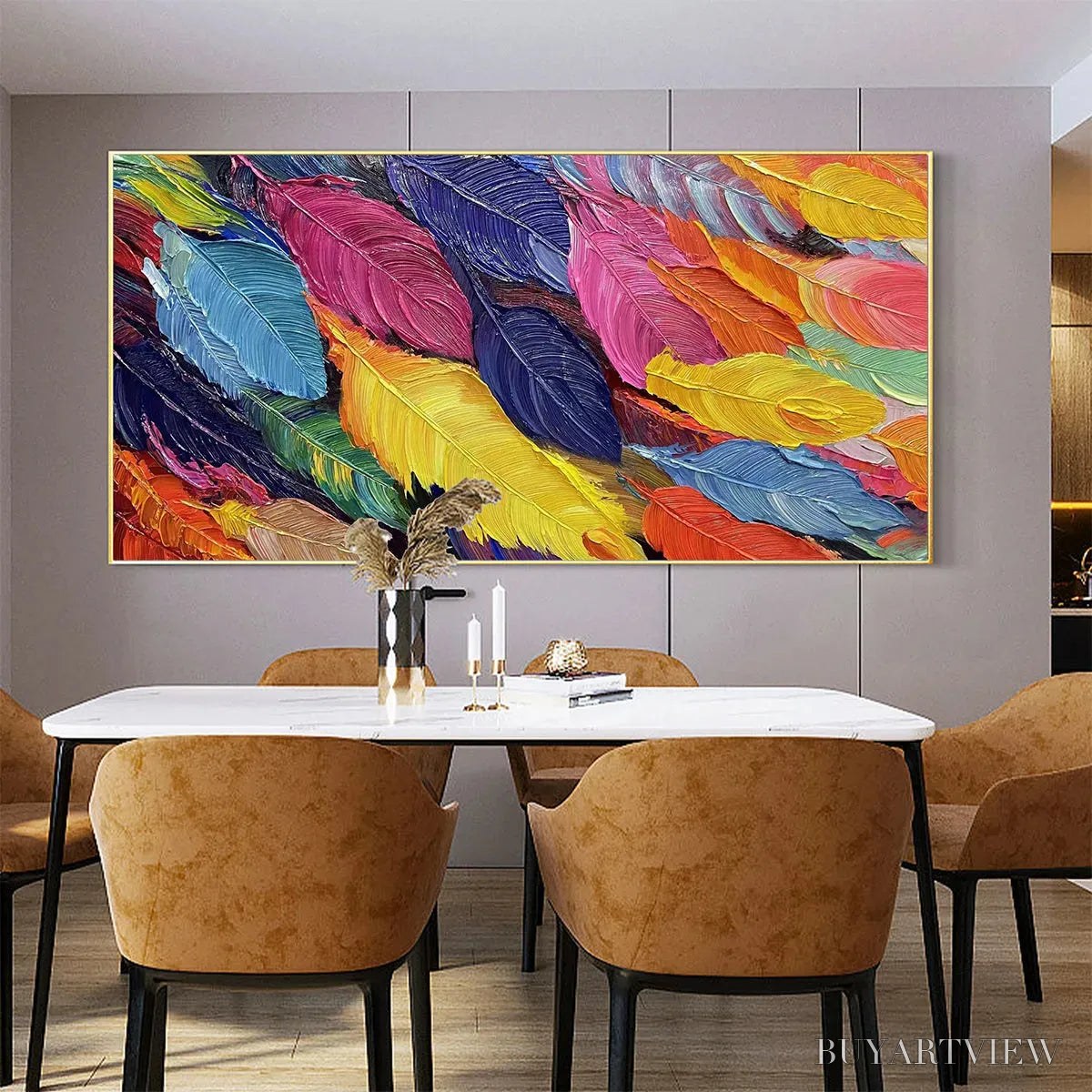 ARTOVITAS Feather Dance – Horizontal Abstract Painting with Colorful Feathers, Textured Impasto, Modern - image 6