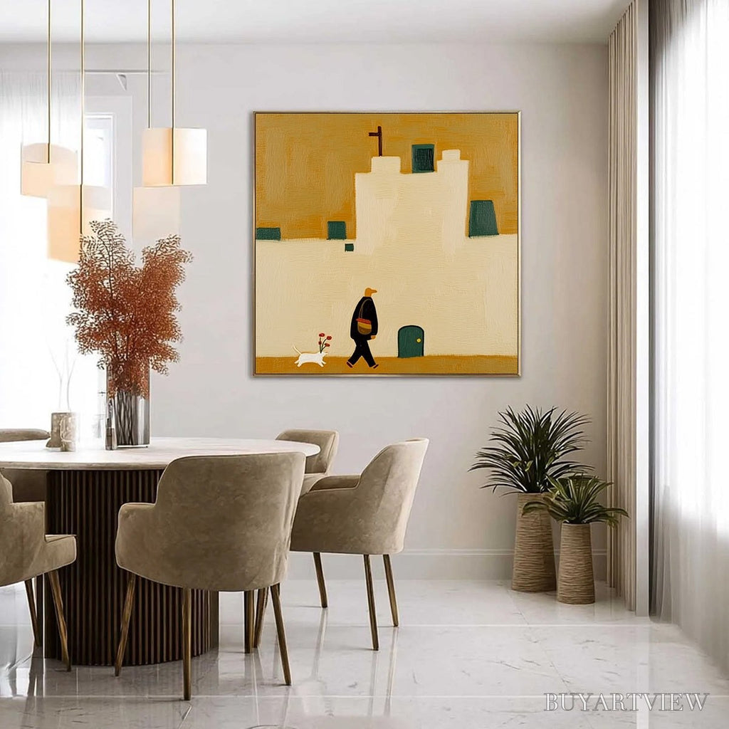 ARTOVITAS Pilgrim'S Path – Minimalist Figurative Painting of a Spanish Village Scene - image 4