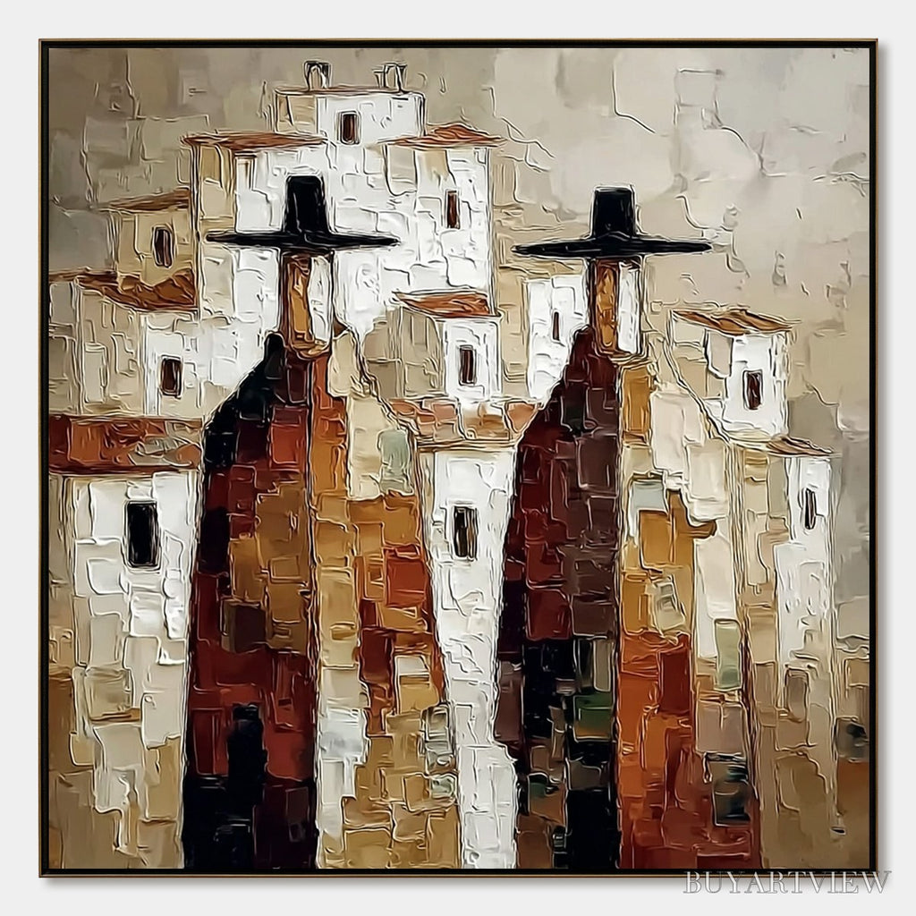 ARTOVITAS Pueblo Vigilantes Textured Abstract Cityscape Oil Painting - image 1
