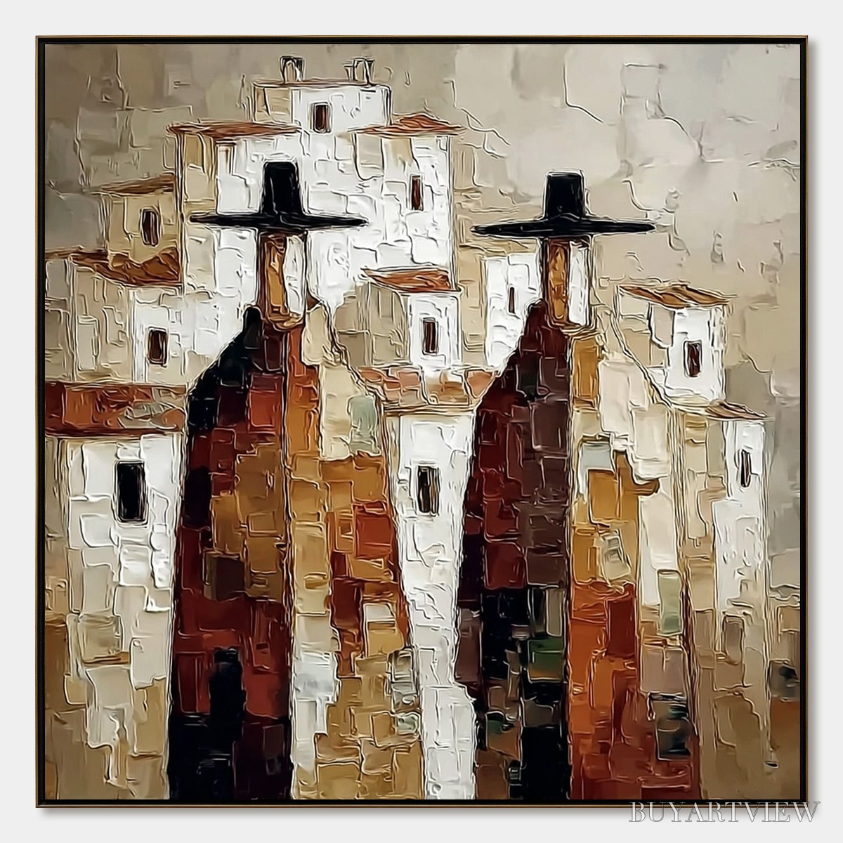 ARTOVITAS Pueblo Vigilantes Textured Abstract Cityscape Oil Painting - image 1
