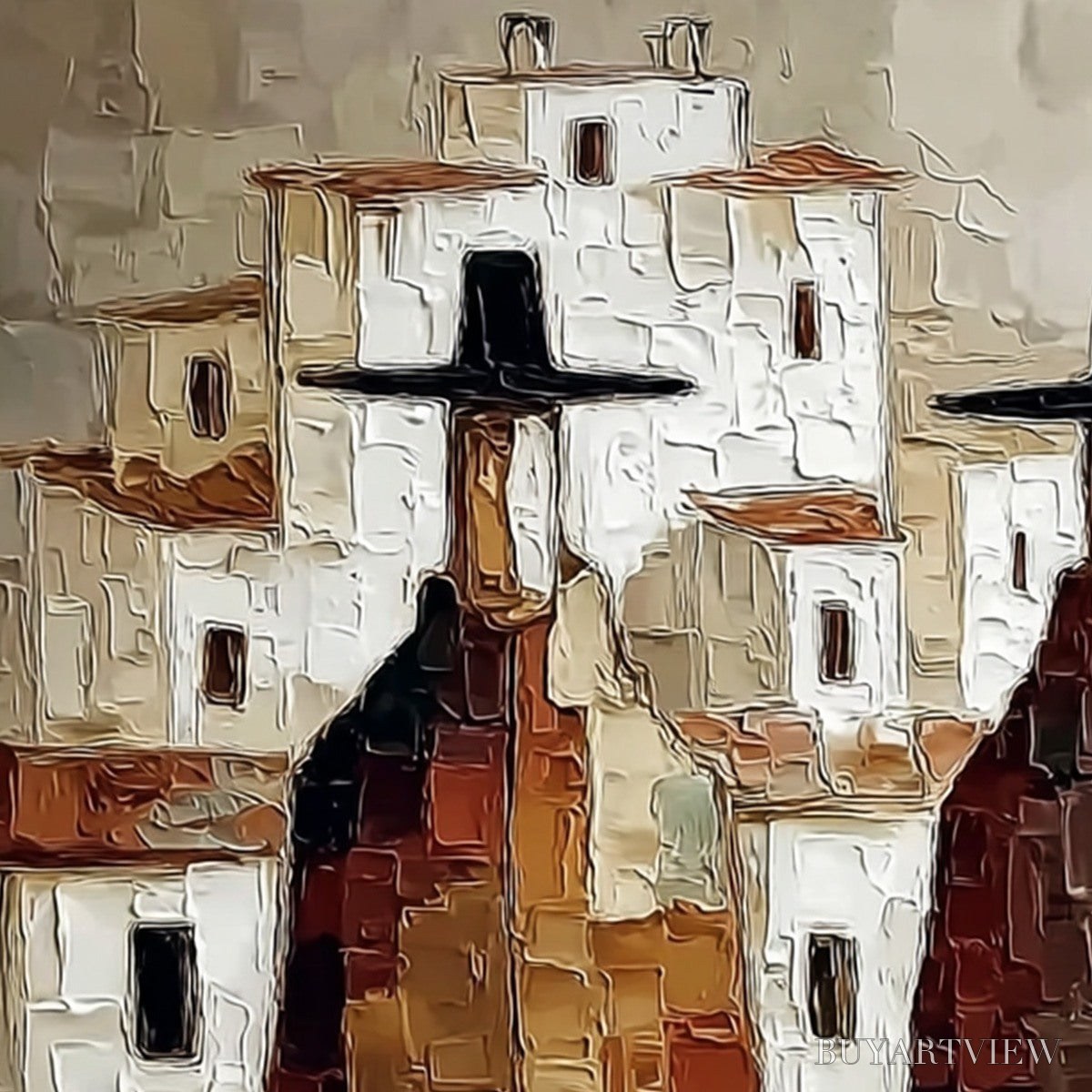 ARTOVITAS Pueblo Vigilantes Textured Abstract Cityscape Oil Painting - image 5