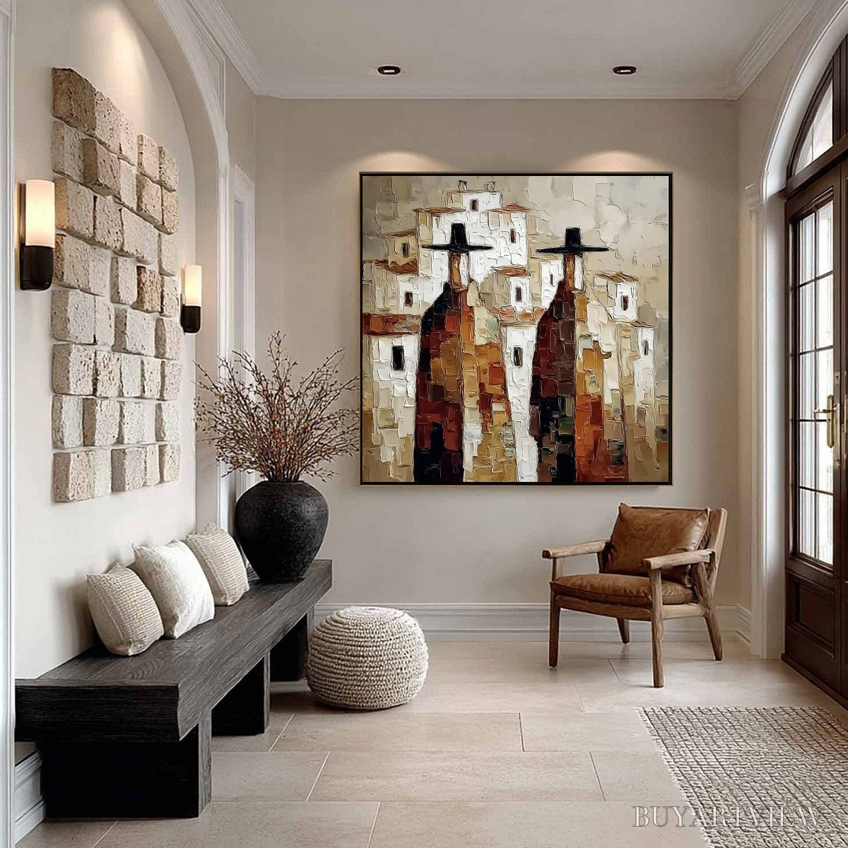 ARTOVITAS Pueblo Vigilantes Textured Abstract Cityscape Oil Painting - image 6