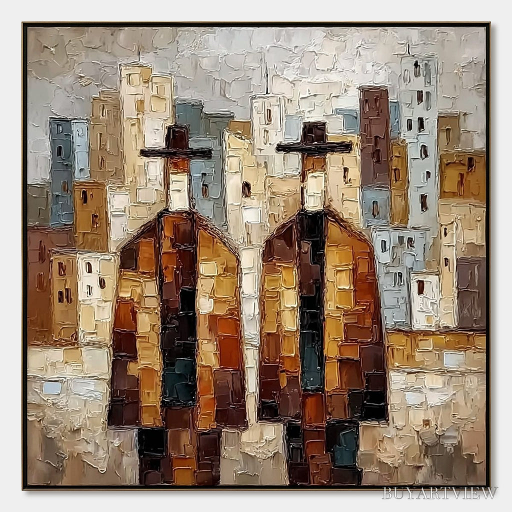 ARTOVITAS Urban Companions – Textured Figurative Cityscape Palette Knife Painting - image 1