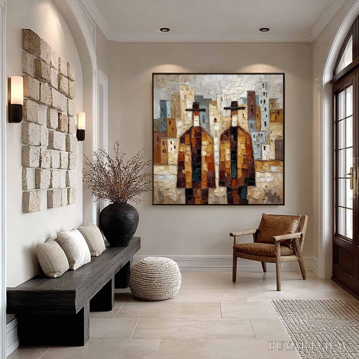 ARTOVITAS Urban Companions – Textured Figurative Cityscape Palette Knife Painting - image 6