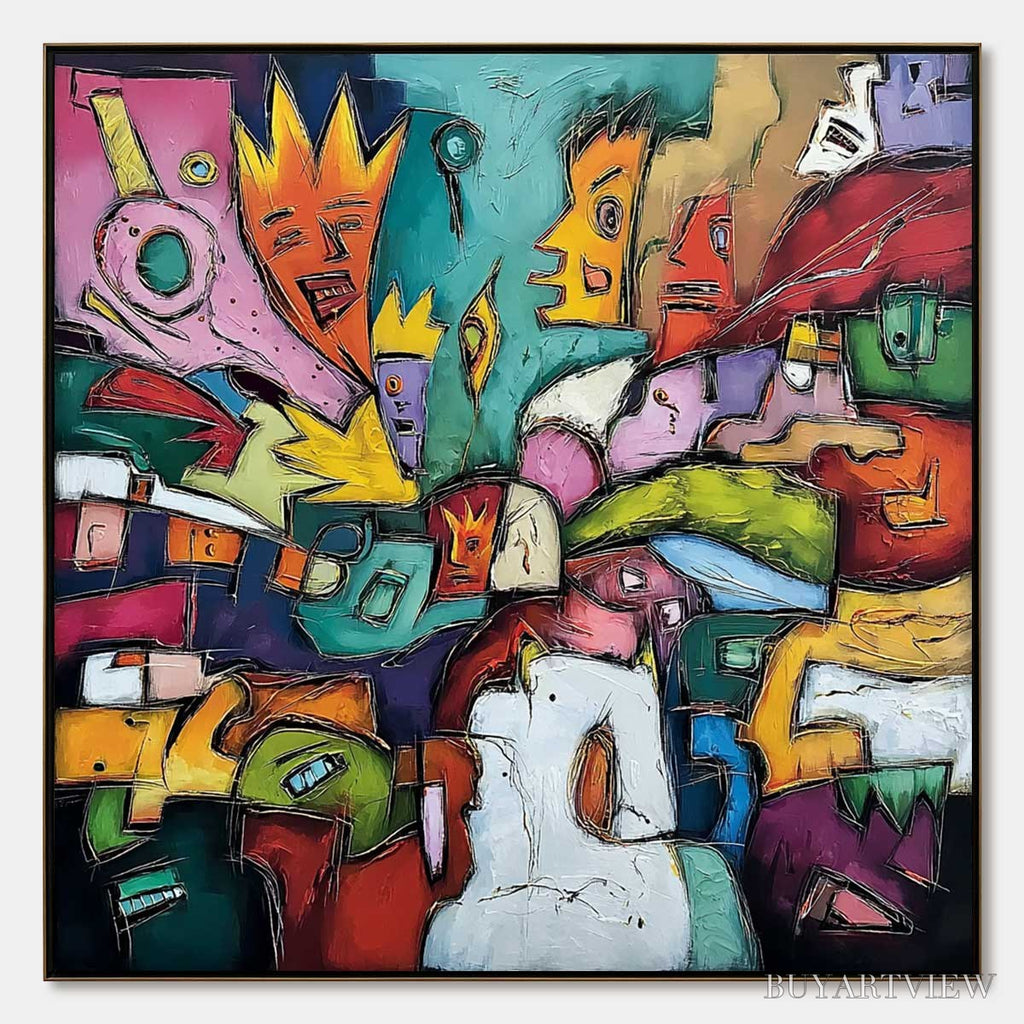ARTOVITAS Carnival of Kings – Vibrant Square Abstract Figurative Painting - image 1