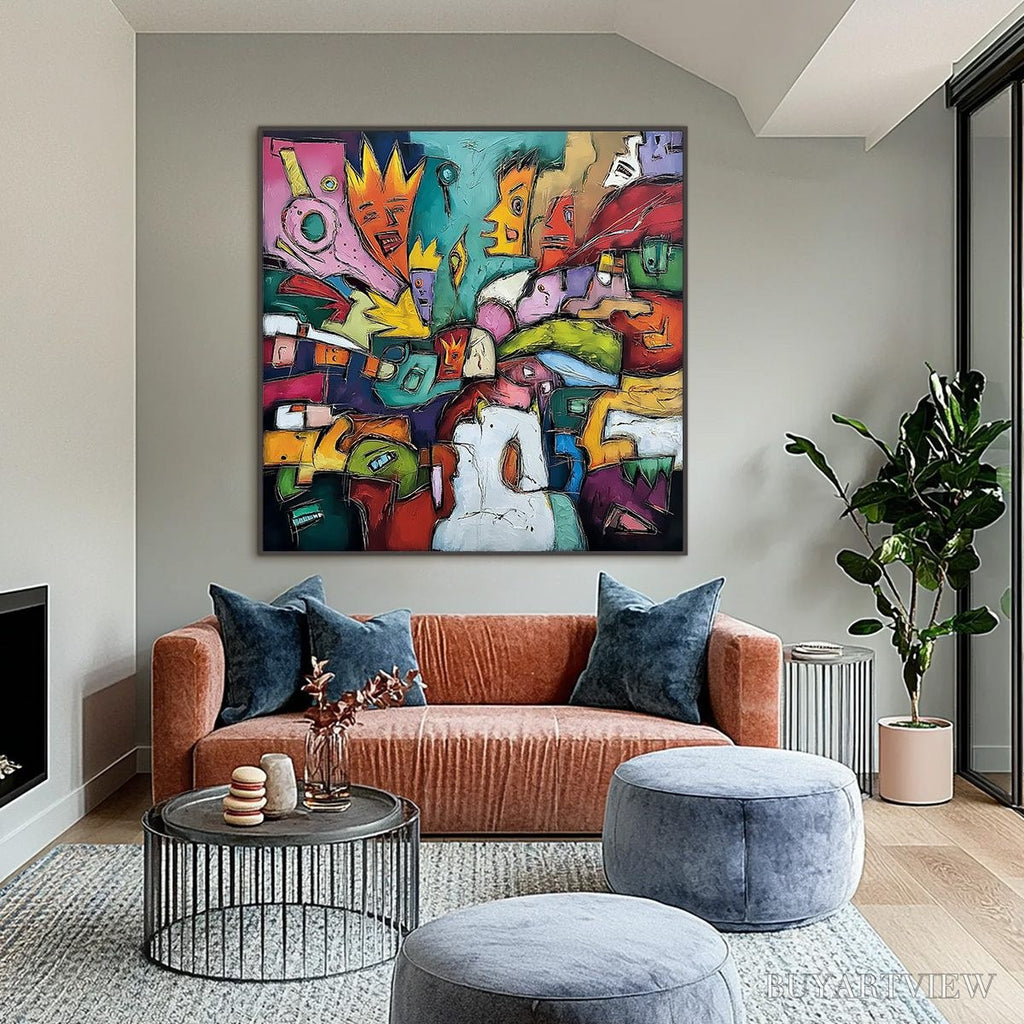 ARTOVITAS Carnival of Kings – Vibrant Square Abstract Figurative Painting - image 2