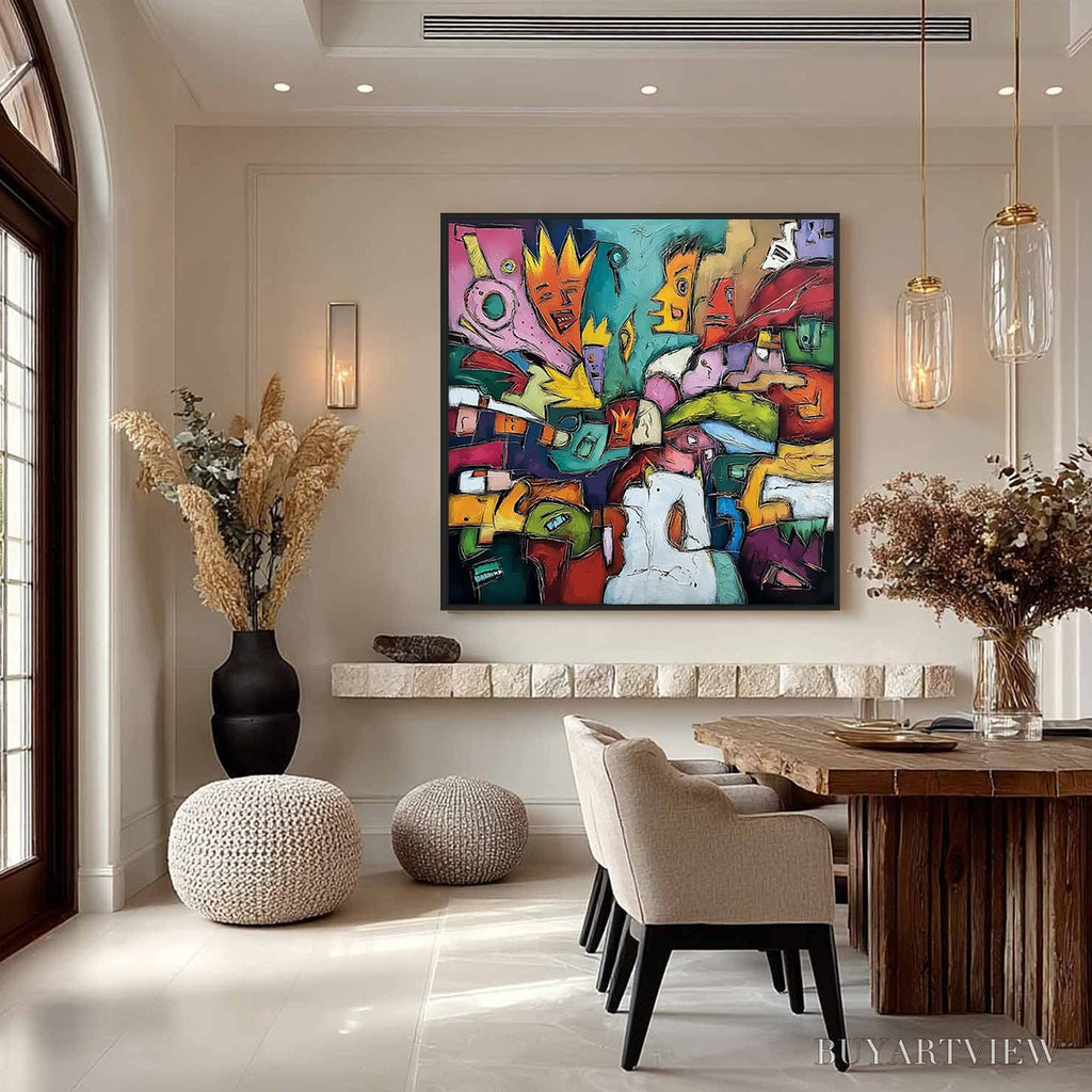 ARTOVITAS Carnival of Kings – Vibrant Square Abstract Figurative Painting - image 4