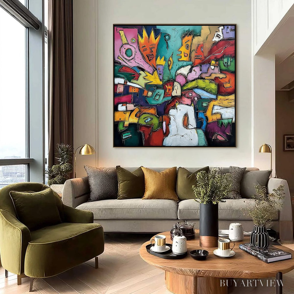 ARTOVITAS Carnival of Kings – Vibrant Square Abstract Figurative Painting - image 6