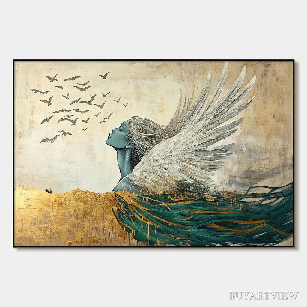 ARTOVITAS Golden Ascension – Ethereal Angel with Birds Oil Painting - image 1