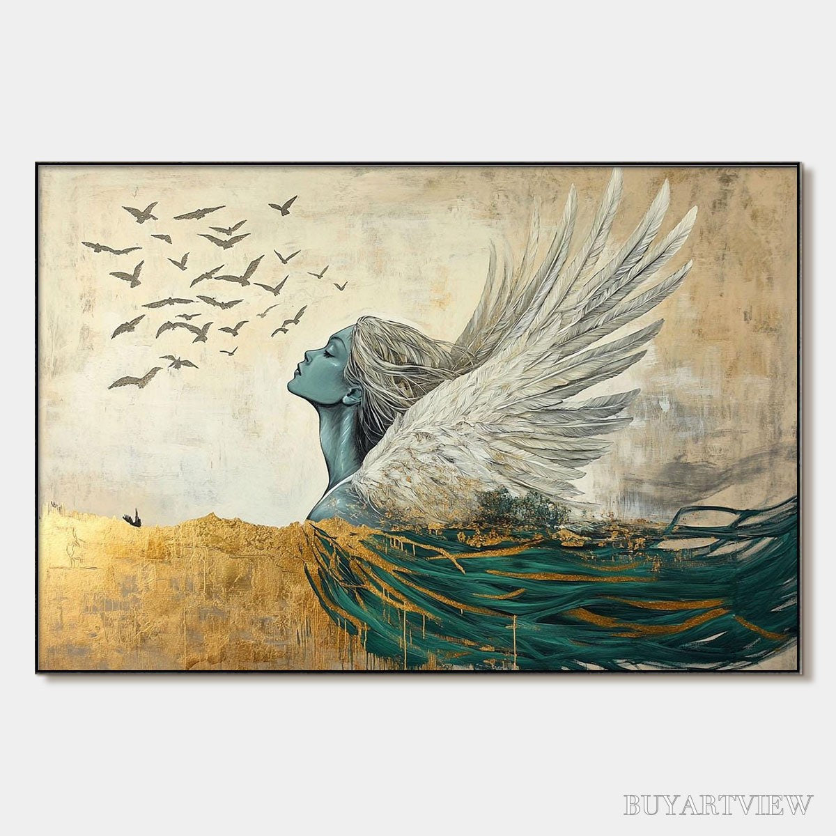 ARTOVITAS Golden Ascension – Ethereal Angel with Birds Oil Painting - image 1