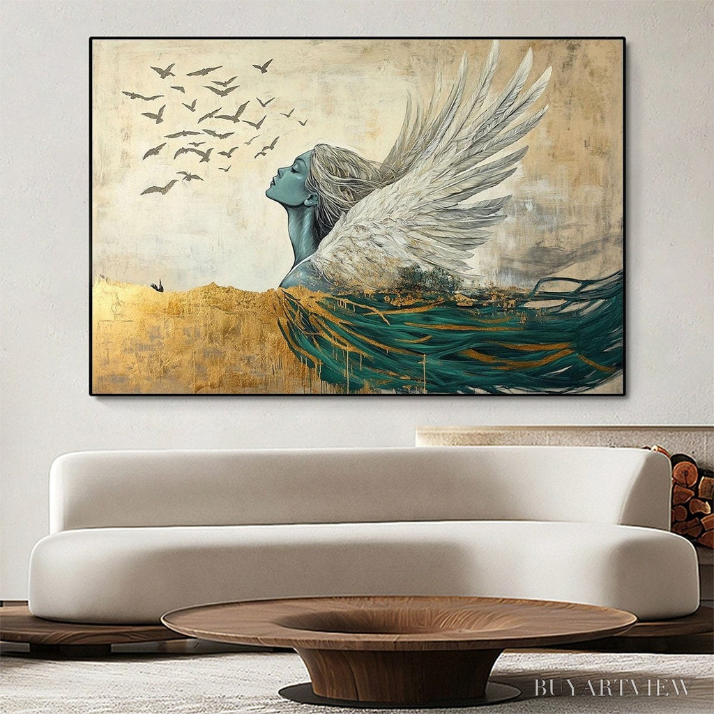 ARTOVITAS Golden Ascension – Ethereal Angel with Birds Oil Painting - image 2