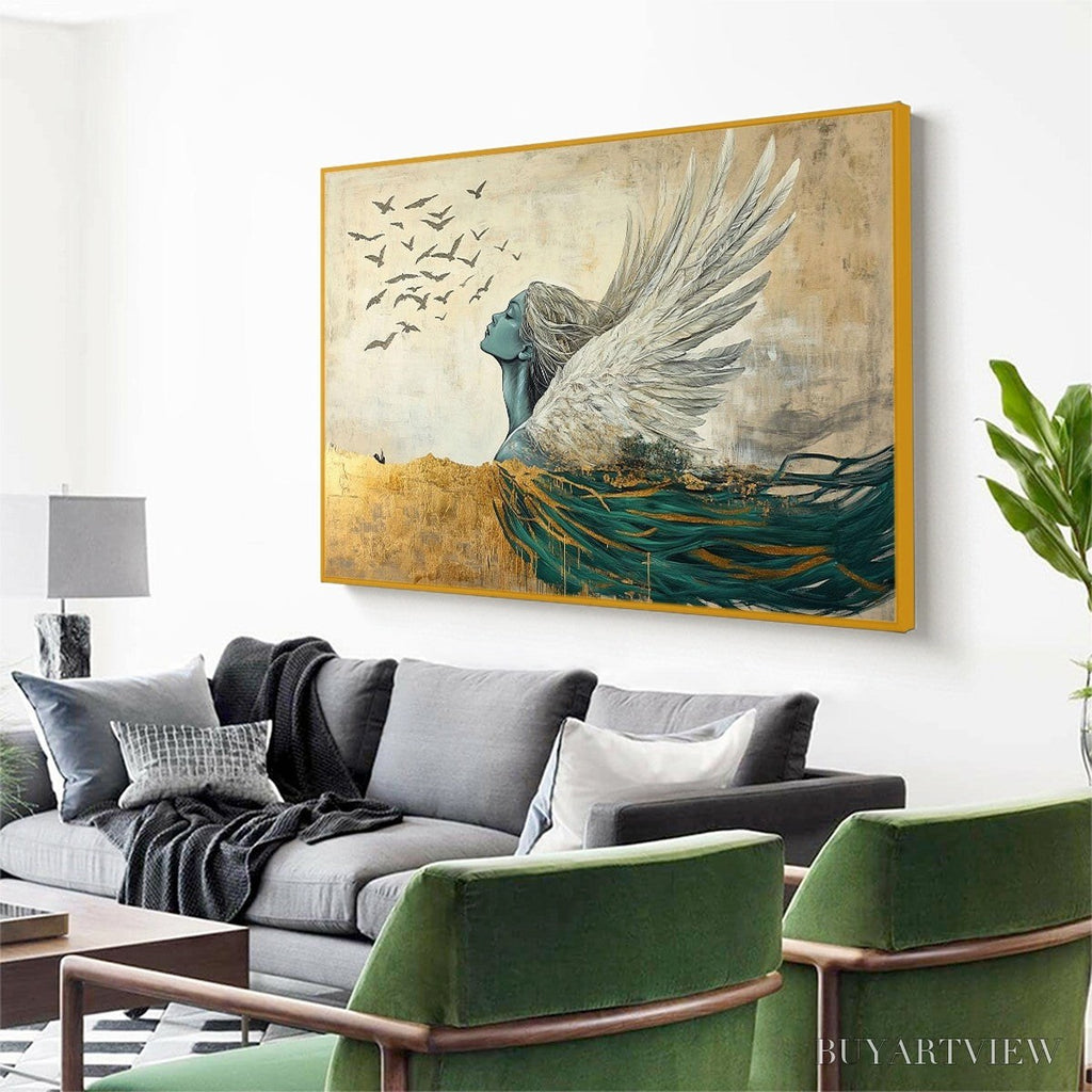 ARTOVITAS Golden Ascension – Ethereal Angel with Birds Oil Painting - image 4