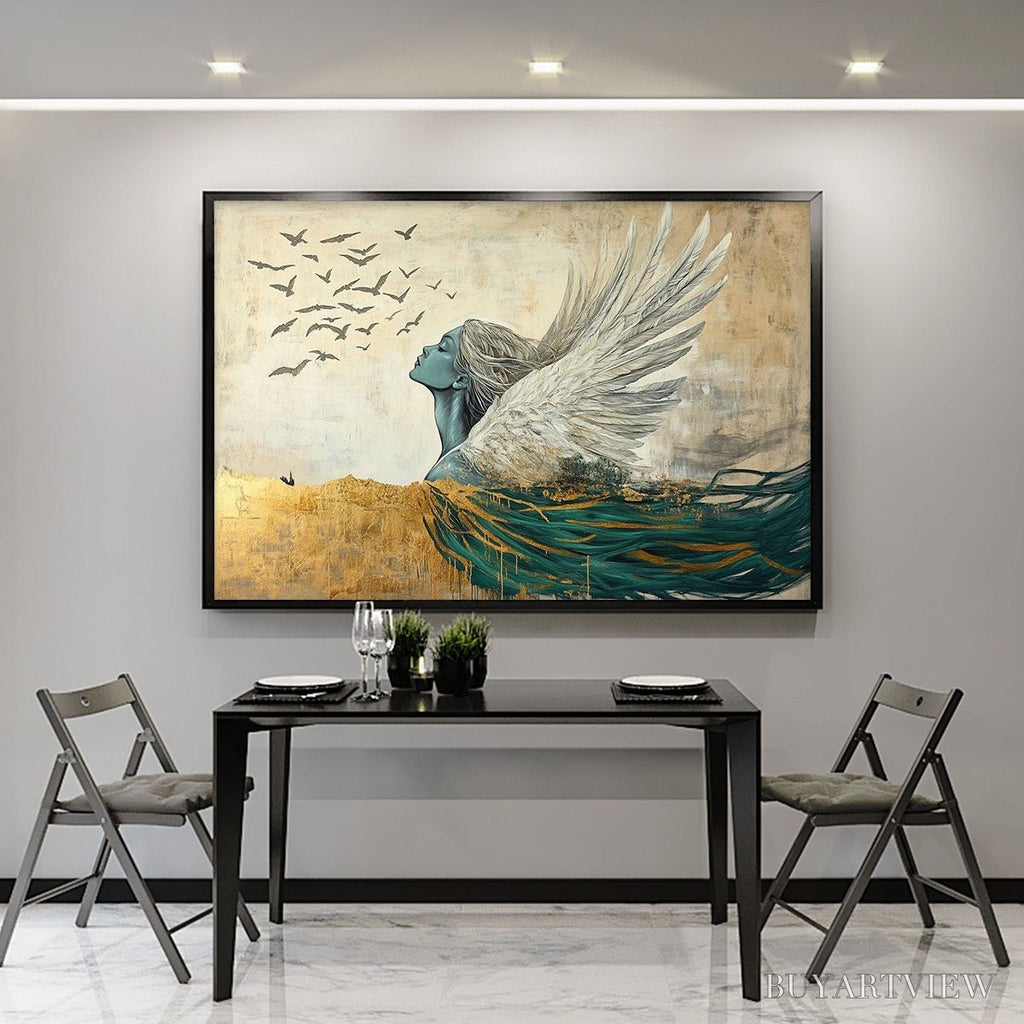 ARTOVITAS Golden Ascension – Ethereal Angel with Birds Oil Painting - image 6