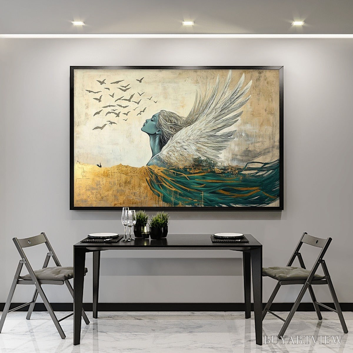 ARTOVITAS Golden Ascension – Ethereal Angel with Birds Oil Painting - image 6