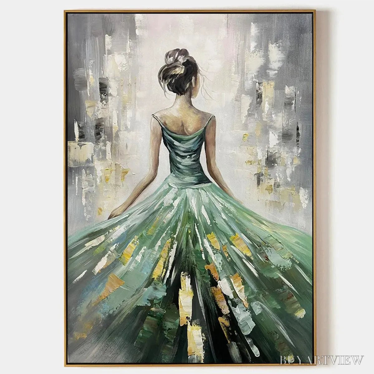 ARTOVITAS Emerald Grace – Elegant Woman in Green Dress, Vertical Canvas, Figurative - image 1