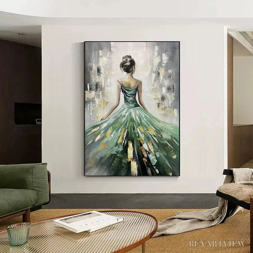 ARTOVITAS Emerald Grace – Elegant Woman in Green Dress, Vertical Canvas, Figurative - image 2