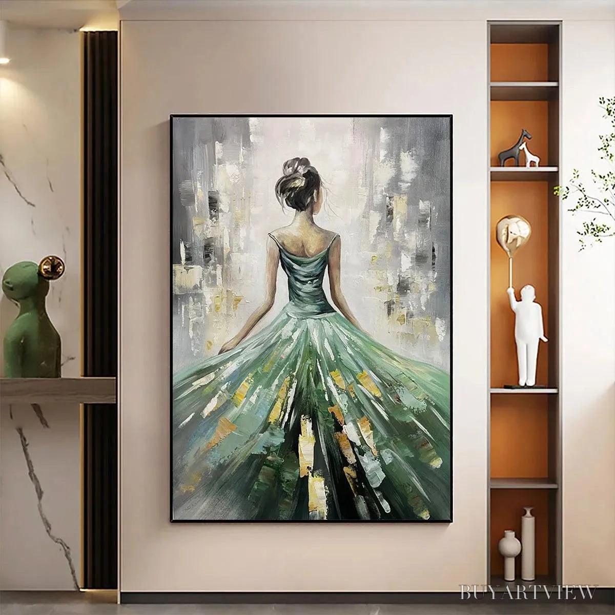 ARTOVITAS Emerald Grace – Elegant Woman in Green Dress, Vertical Canvas, Figurative - image 4