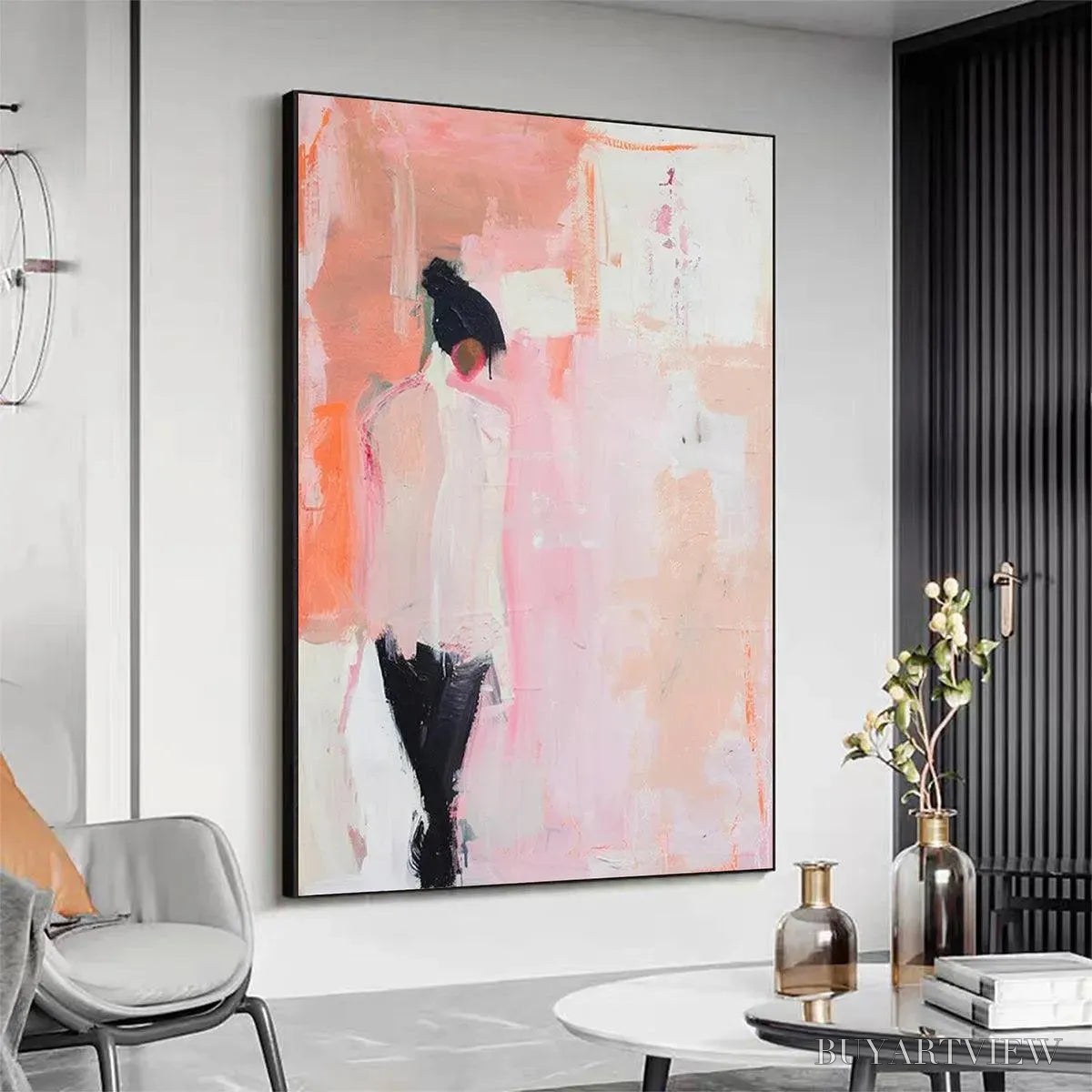 ARTOVITAS Pink Abstract – Figurative Painting, Pastel , Modern Decor, Vertical Canvas - image 4