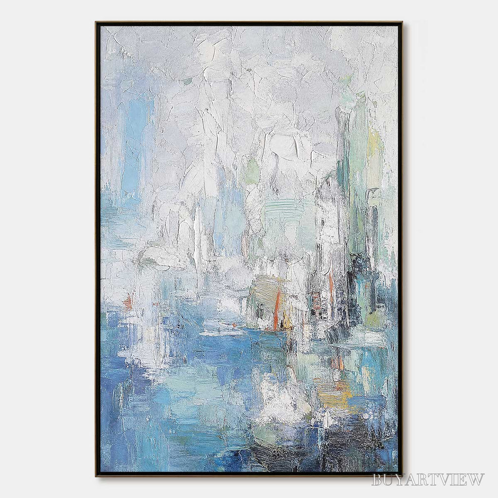 ARTOVITAS Seaside Reverie – Textured Abstract Painting of a Coastal City - image 1