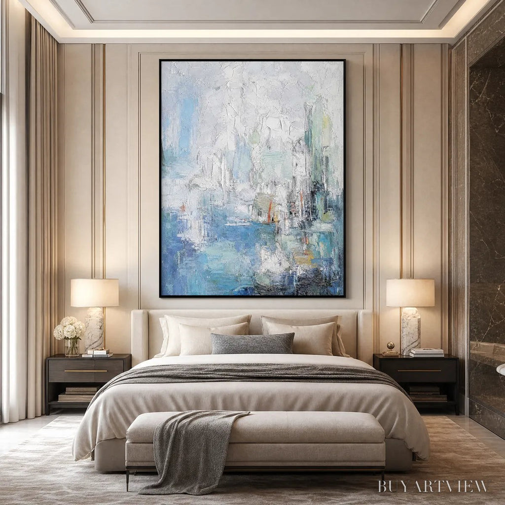 ARTOVITAS Seaside Reverie – Textured Abstract Painting of a Coastal City - image 2