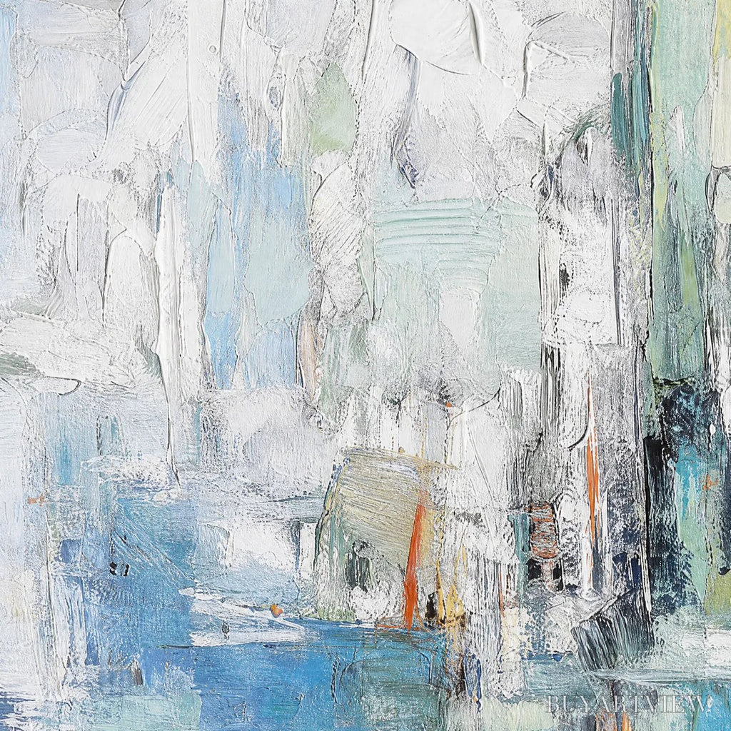 ARTOVITAS Seaside Reverie – Textured Abstract Painting of a Coastal City - image 3