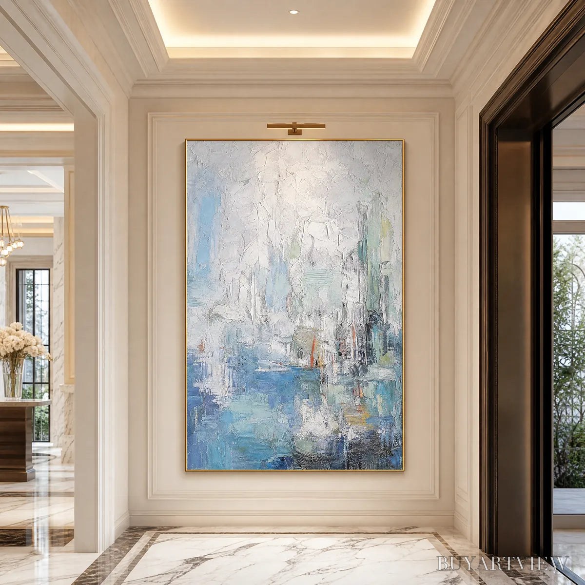 ARTOVITAS Seaside Reverie – Textured Abstract Painting of a Coastal City - image 4
