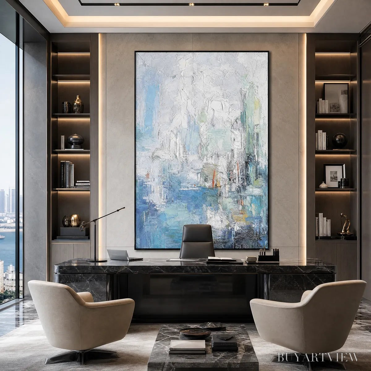 ARTOVITAS Seaside Reverie – Textured Abstract Painting of a Coastal City - image 5