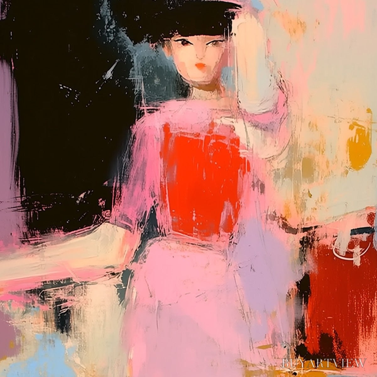 ARTOVITAS Enigma in Pink – Modern Abstract Figurative Portrait Painting - image 3