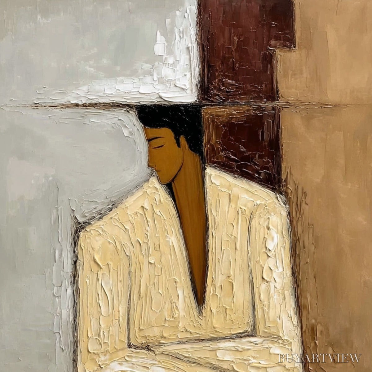 ARTOVITAS Contemplation – Textured Abstract Figurative Portrait Oil Painting - image 3