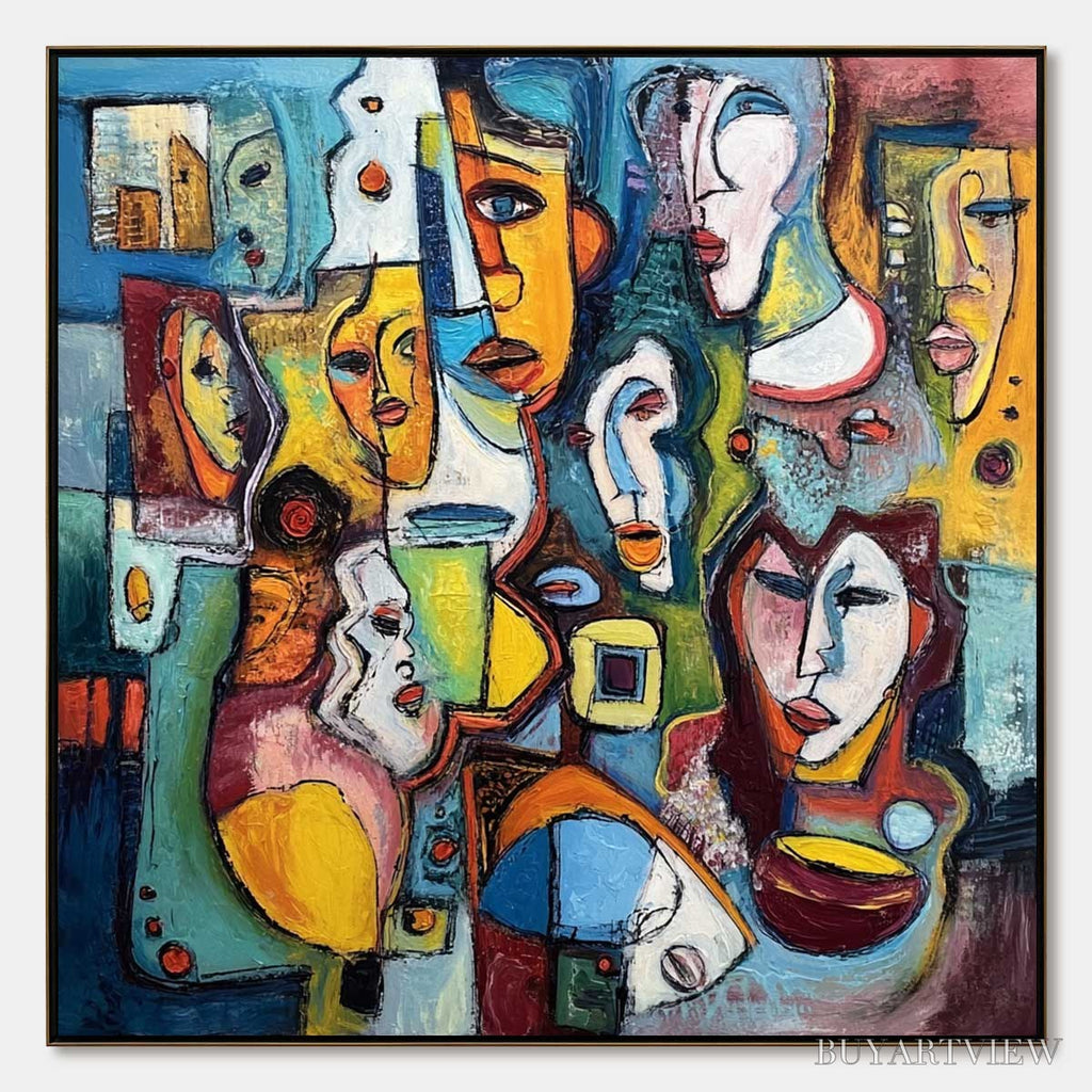 ARTOVITAS Mosaic of Minds – Colorful Abstract Figurative Faces Oil Painting - image 1