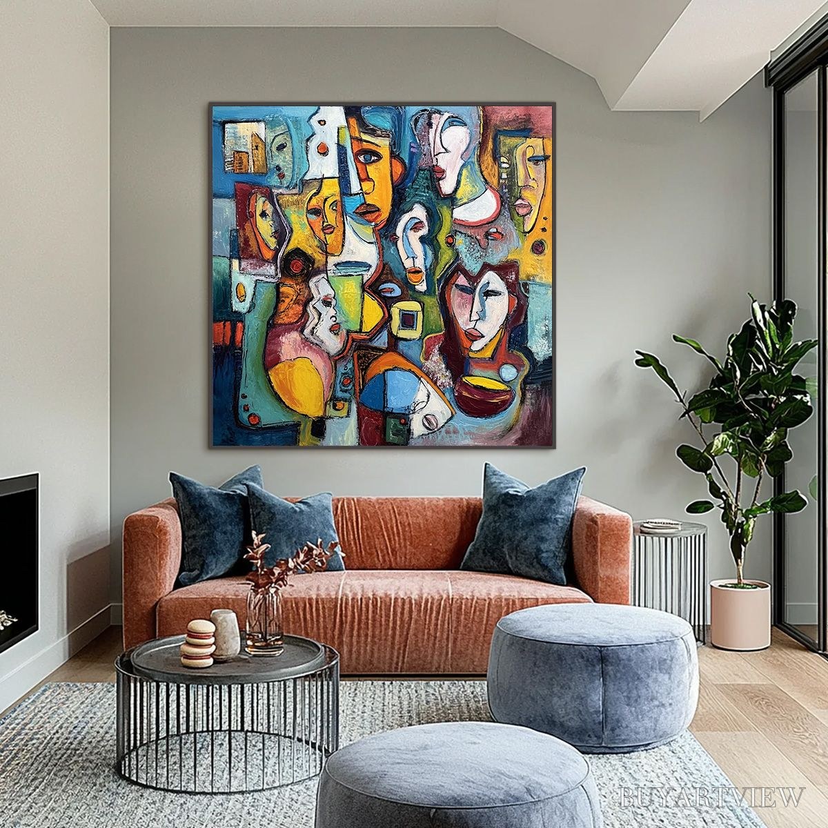 ARTOVITAS Mosaic of Minds – Colorful Abstract Figurative Faces Oil Painting - image 2