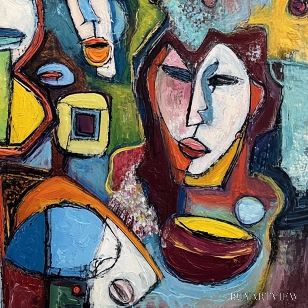 ARTOVITAS Mosaic of Minds – Colorful Abstract Figurative Faces Oil Painting - image 3