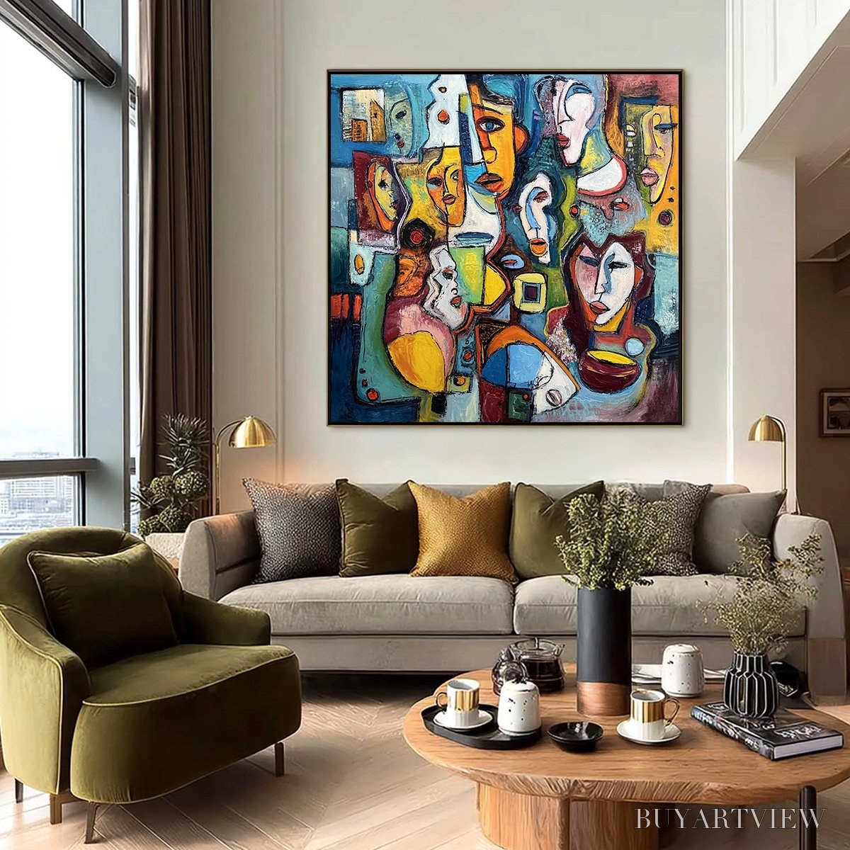ARTOVITAS Mosaic of Minds – Colorful Abstract Figurative Faces Oil Painting - image 6