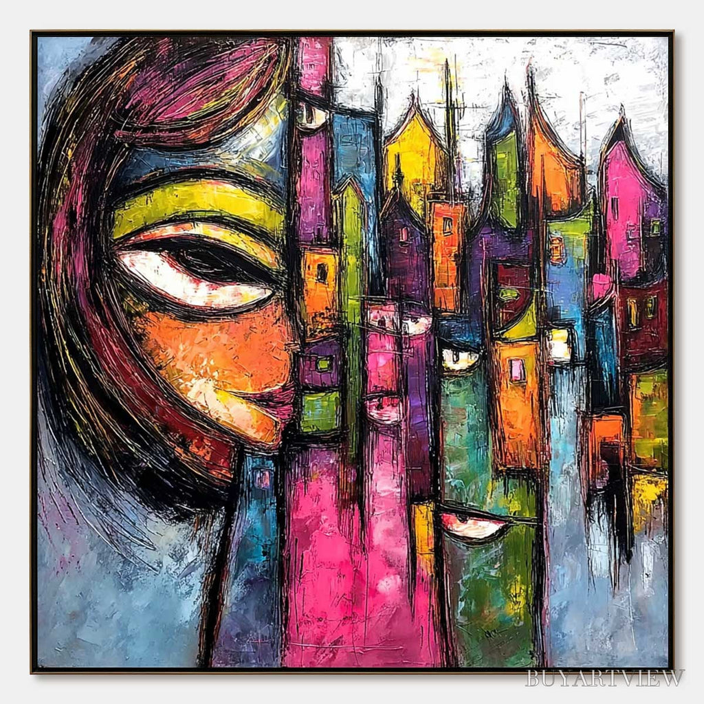 ARTOVITAS Urban Muse – Large Colorful Abstract Portrait and Cityscape Painting - image 1