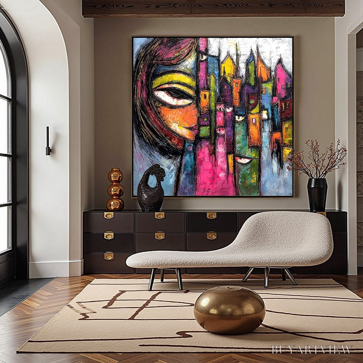 ARTOVITAS Urban Muse – Large Colorful Abstract Portrait and Cityscape Painting - image 2