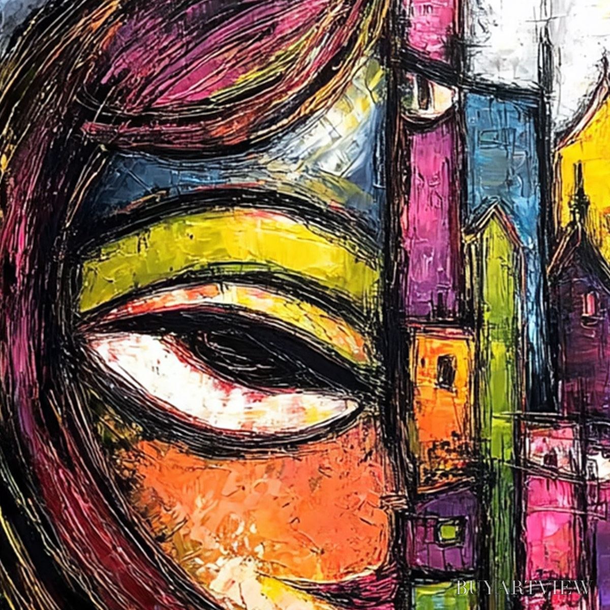 ARTOVITAS Urban Muse – Large Colorful Abstract Portrait and Cityscape Painting - image 3