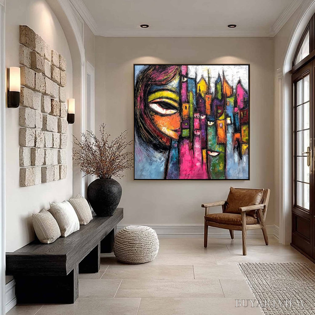 ARTOVITAS Urban Muse – Large Colorful Abstract Portrait and Cityscape Painting - image 4