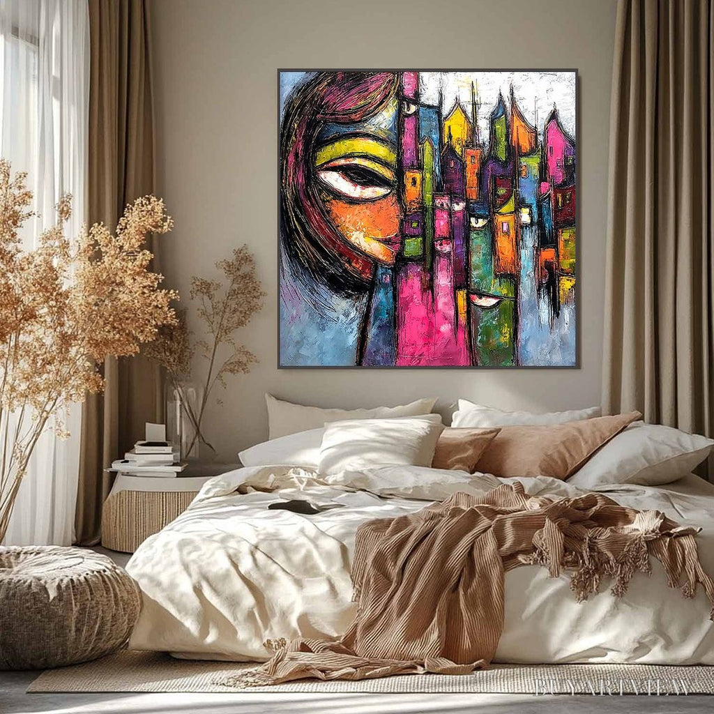 ARTOVITAS Urban Muse – Large Colorful Abstract Portrait and Cityscape Painting - image 6