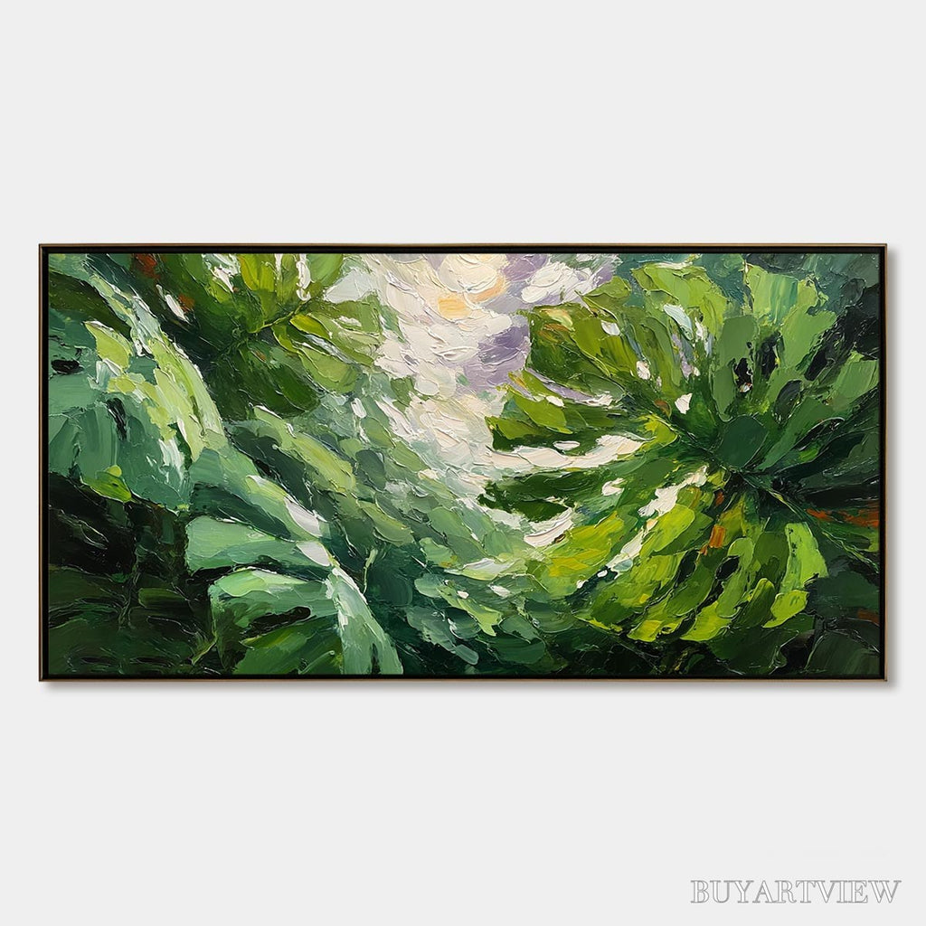 ARTOVITAS Emerald Gaze – Textured Palette Knife Painting of Sunlit Tropical Leaves - image 1