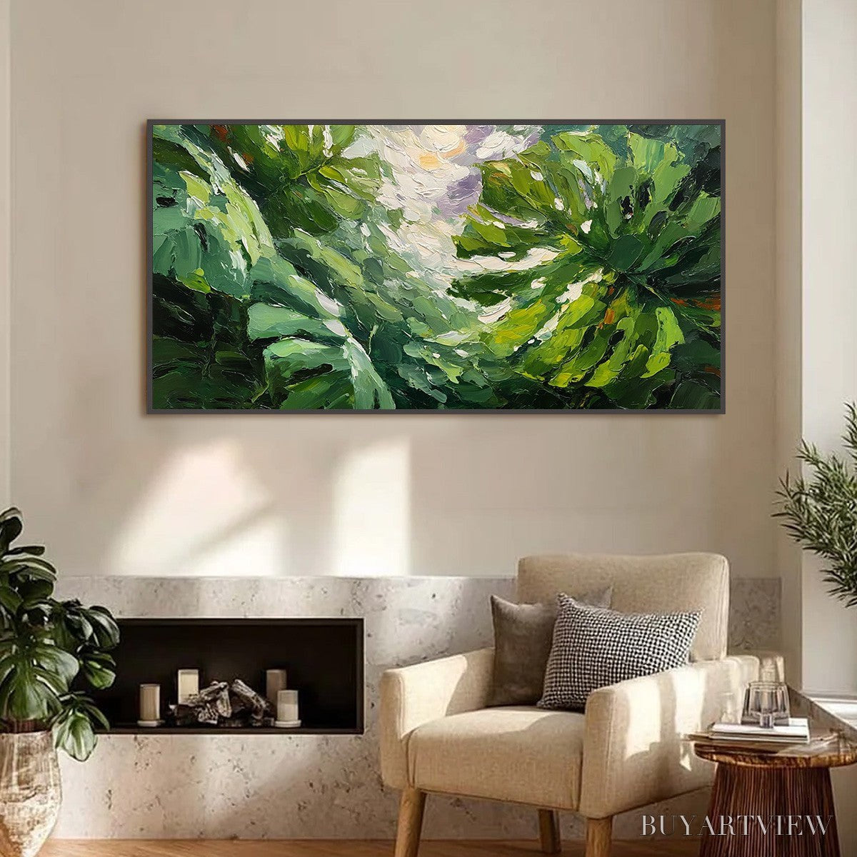 ARTOVITAS Emerald Gaze – Textured Palette Knife Painting of Sunlit Tropical Leaves - image 2