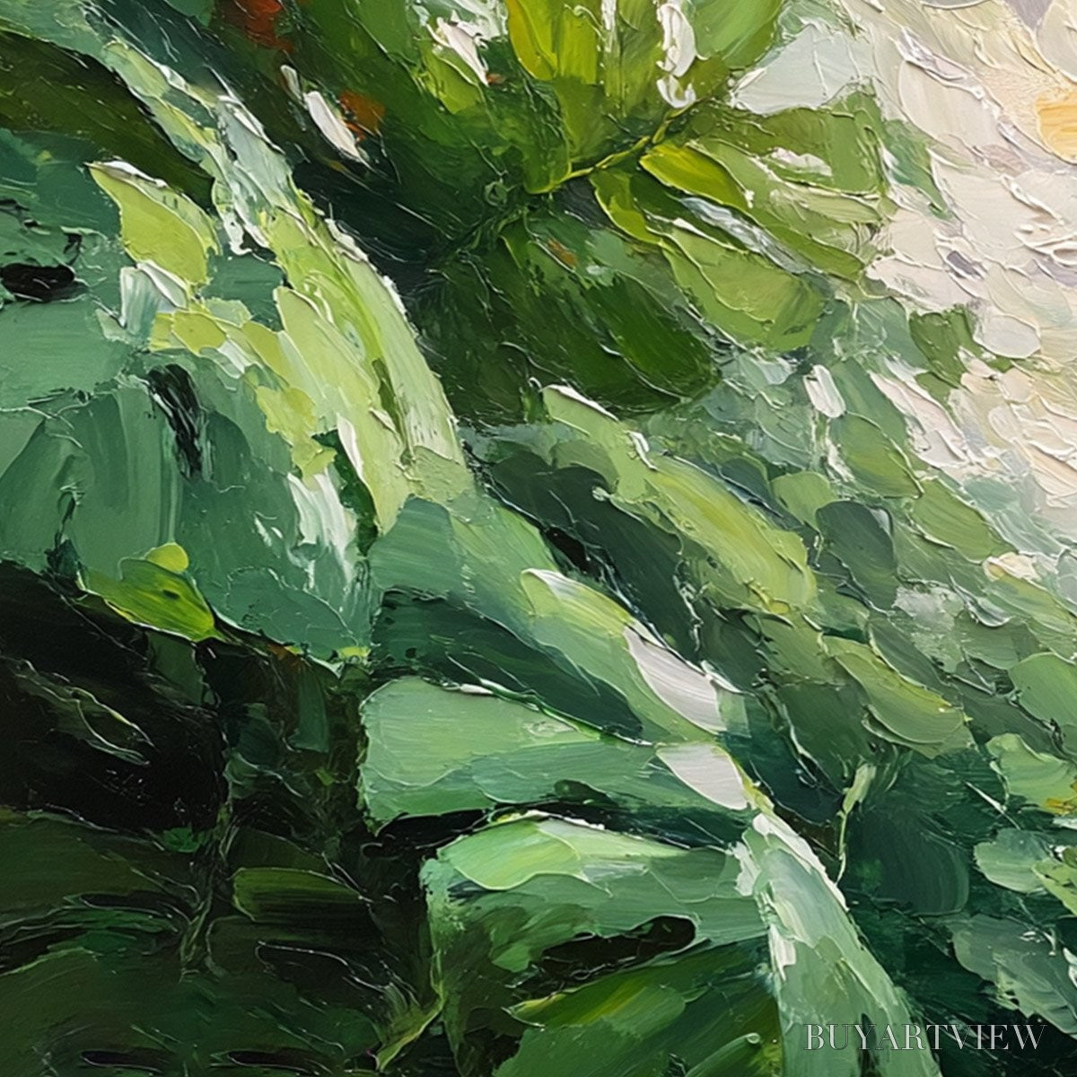 ARTOVITAS Emerald Gaze – Textured Palette Knife Painting of Sunlit Tropical Leaves - image 3