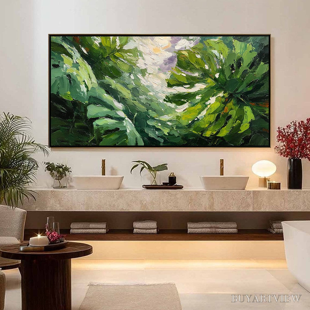 ARTOVITAS Emerald Gaze – Textured Palette Knife Painting of Sunlit Tropical Leaves - image 4
