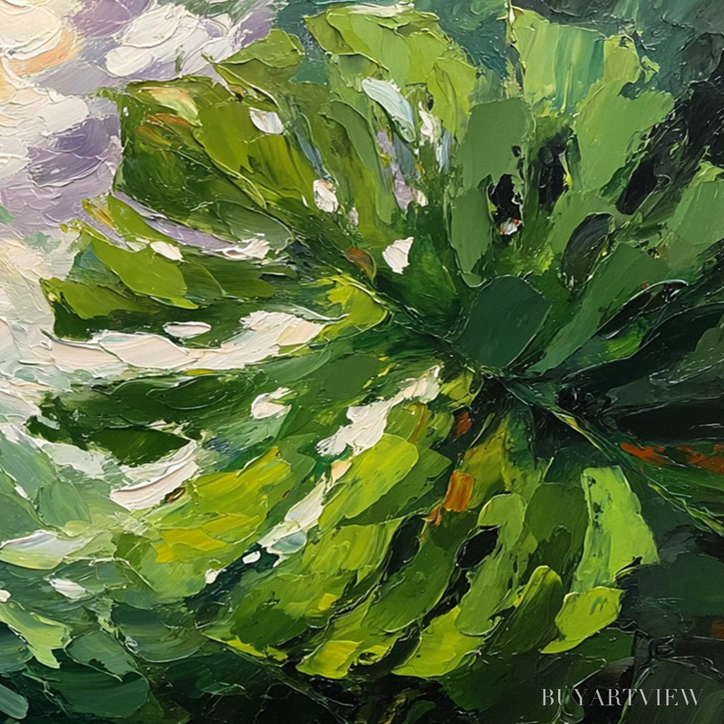 ARTOVITAS Emerald Gaze – Textured Palette Knife Painting of Sunlit Tropical Leaves - image 5