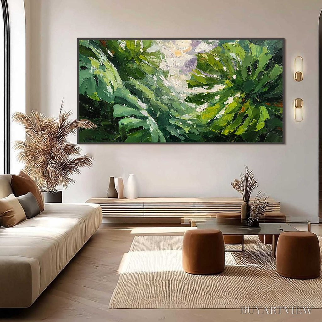 ARTOVITAS Emerald Gaze – Textured Palette Knife Painting of Sunlit Tropical Leaves - image 6