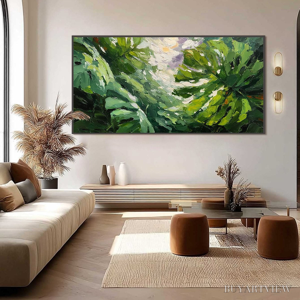 ARTOVITAS Emerald Gaze – Textured Palette Knife Painting of Sunlit Tropical Leaves - image 6