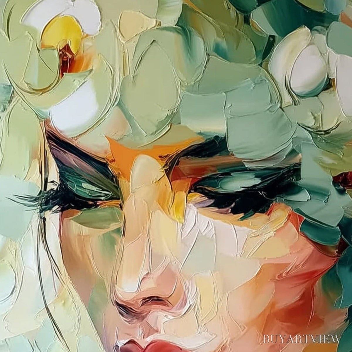 ARTOVITAS Verdant Reverie – Textured Palette Knife Portrait Oil Painting - image 3