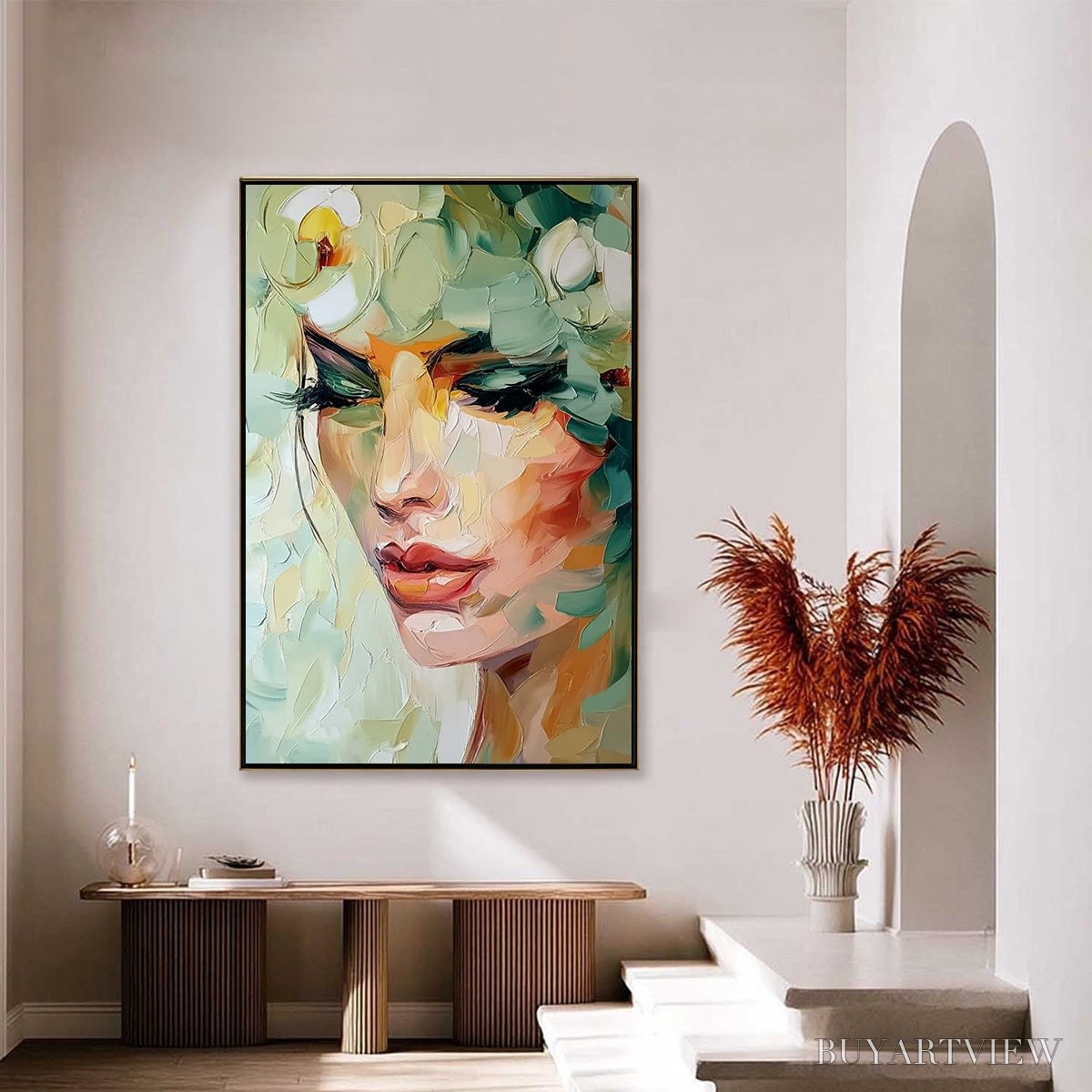 ARTOVITAS Verdant Reverie – Textured Palette Knife Portrait Oil Painting - image 4
