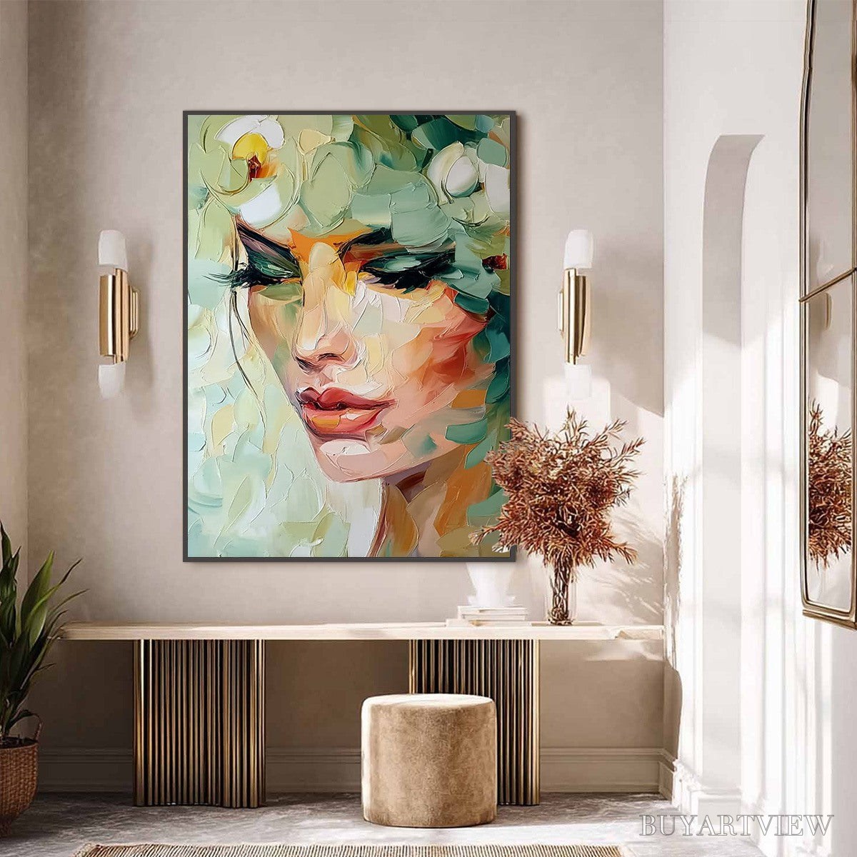 ARTOVITAS Verdant Reverie – Textured Palette Knife Portrait Oil Painting - image 6